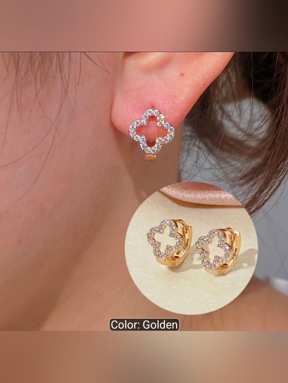 Gold Clover Hoop Earrings with Crystal Pavé